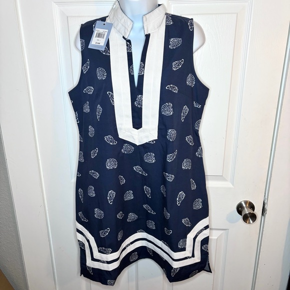 Sail to Sable Seashell Print Signature Mini Caftan Cotton Dress Mini Navy L NWT - Picture 5 of 13